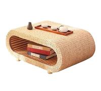 Handmade Japanese Rattan Woven Coffee Table Low Bay Table with Storage Natural Color No Assembly Needed - Stylish & Functional for Living Room or Office