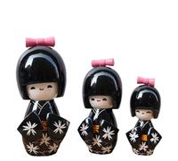 Handmade Japanese Wooden Kokeshi Dolls in Kimono, for Home Decor and Gift - Set of 3 (Black)