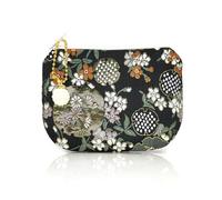 Handmade Jewelry Pouch Women Coin Purse Brocade Zipper Wallet Silk Rosary Bag Flower Pattern, Black, Flower Pattern