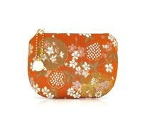 Handmade Jewelry Pouch Women Coin Purse Brocade Zipper Wallet Silk Rosary Bag Flower Pattern, Orange, Flower Pattern
