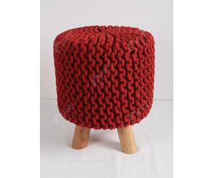 Handmade Knitted Footstool 100% Cotton Pouffe Round with 3 Support Wooden Legs