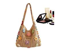Handmade Knitted Tote With Flower Pattern, Boho Crochet Beach Bag
