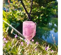 Handmade Kunzite Necklace with Adjustable Cotton Cord | 40-50 cm Natural Stone Pendant | Healing Stone Energy & Boho Design | Energised Unique Gift for Women (Pink, Eco Certified)