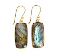 Handmade Labradorite Dangle Earrings for Women, 24x11mm Rectangle Multicolor Cabochon Gemstones in Bezel Setting, Lightweight Long Drop Earrings, Elegant Gift Jewelry for Her