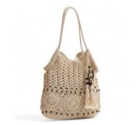 Handmade Large Lightweight Crochet Beach Bag for Women with Wood Bead Tassels, Boho Woven Cotton Shoulder Purse, Vacation Summer Tote, Bohemian Style
