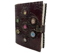Handmade Leather Grimoire Journal - Spell Book of Shadows for Witchcraft, Wicca, Witch Diary & Notebook - Vintage Blank Journal for Spells and Ritual Notes , 17 x 12 cm (Sun with Multicolored Stones)