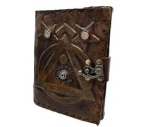 Handmade Leather Grimoire Journal - Spell Book of Shadows for Witchcraft, Wicca, Witch Diary & Notebook - Vintage Blank Journal for Spells and Ritual Notes , 17 x 12 cm (Pentacle with Evil Eye Stone)