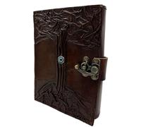 Handmade Leather Grimoire Journal - Spell Book of Shadows for Witchcraft, Wicca, Witch Diary & Notebook - Vintage Blank Journal for Spells and Ritual Notes , 17 x 12 cm (Tree with Evil Eye Stone)