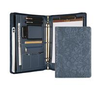 Handmade Leather Portfolio, Embossed Vegan Leather Padfolio Folio, Zipper Portfolio with A4 Letter Sized, Writing Pad Holder, Gifts for Women/Men, Blue