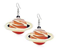 Handmade Lightweight Wooden Flying UFO Drop Earrings Cute Bohemian Natural Wood Planet Shaped Dangle Drop Earring Astronaut Novelty Hook Earring for Women, Wood