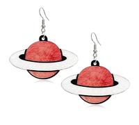 Handmade Lightweight Wooden Flying UFO Drop Earrings Cute Bohemian Natural Wood Planet Shaped Dangle Drop Earring Astronaut Novelty Hook Earring for Women, Wood