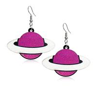 Handmade Lightweight Wooden Flying UFO Drop Earrings Cute Bohemian Natural Wood Planet Shaped Dangle Drop Earring Astronaut Novelty Hook Earring for Women, Wood