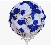 Handmade Luxury Wedding Bridal Bouquet Large Silk Rose Holding Toss Artificial Flowers Bouquets with Satin Ribbon Pearls Rhinestone for Bride Vintage Royal Wedding Bouquet (Sapphire Blue+White)
