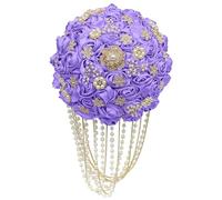 Handmade Luxury Wedding Bridal Hand Bouquet Silk Rose Throw Artificial Flower Bouquet with Pearl Tassel Rhinestone Bridal Vintage Royal Wedding Bouquet Decoration(Medium purple)