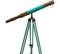 Handmade Marine Antique Brass Telescope - Green Big Ship Sailor Article, High Magnification with Retro Wooden Tripod Stand, Nautical Decor