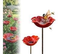 Handmade Metal Flower Garden Stake, Dual-Function Metal Flower Bird Bath & Pollinator Water Station, Ground Plug Design, Red Birdbath Bowl for Yard Lawn Patio Landscape Decor (2Pcs)