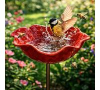 Handmade Metal Flower Garden Stake with Bee Bath & Bird Bowl, Dual-Function Pollinator Watering Station, Ground Plug Red Metal Bird Bath for Yard Lawn Patio Decor, Weather-Resistant Outdoor Gift