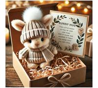 Handmade Mini Bunny Hug Cute Easter Gift, Stuffed Plush Bunnies Figurine in a Box, Emotional Support Pocket Rabbit, Bunny in a Box Inspirational, Mini Plush B unny with Card (Khaki)