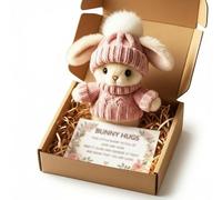 Handmade Mini Bunny Hug Present with Card, Soft Plush Rabbit in Box, Easter Basket Stuffer for Women Men, Inspirational Cute Present for Birthday Valentine's Day (Pink)