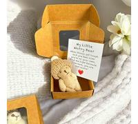 Handmade Mini Plush Teddy Bear in Box with Knitted Hat, Little Worry Bear Gift, Pocket-Sized Plush Keepsake with Encouragement Card, Cute Handmade Positive Bear for Friends & Coworkers (Yellow)