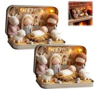 Handmade Miniature Nativity Doll Scene Portable Pocket Decoration Set in a Tin Box Carry LED Lights Mini Stable Decor with Holy Family Sheep and Jesus Figurines LED Lights Mini Stable Decor (2)
