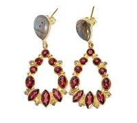 Handmade Multicolor Labradorite Garnet CZ Cabochon Dangle Earrings for Women in 925 Sterling Silver, Bezel Set Pear Marquise Oval Drop Earrings, Designer Long Statement Jewelry Gift