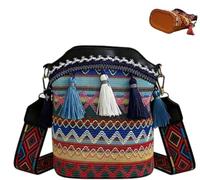Handmade Native American Handbags,Woven Tassel Bucket Bag,Boho Ethnic Geometric Patterns Crossbody Bag for Women (Black)