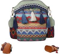 Handmade Native American Handbags,Woven Tassel Bucket Bag,Boho Ethnic Geometric Patterns Crossbody Bag for Women (Green)