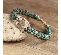 Handmade Natural African Stone Beaded Boho Yoga Wrap Bracelet & Bangle Stainless Steel Tree of Life Braided Charm Bracelet,Gold-Men Size