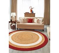Handmade Natural Jute Floor Carpet Red/White/Beige 2 Feet Round