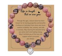 Handmade Natural Stone Bead Bracelet with Silver Heart Charm - Stretchable Elastic Cord Polished Pink Mauve Rose Mix Beaded Jewellery for Women Girls Mothers Daughters as Thoughtful Birthday Gifts