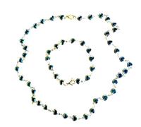 Handmade Necklace & Bracelet Set Green Glass Hearts and Golden Chain High-Quality - Crystal Jewellery for Chakra, Adjustable Unisex Accessory - Excellent for Anybody