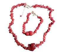 Handmade Necklace & Bracelet Set Red Coral Gemstones High-Quality - Bohemian Healing Crystal Jewellery for Chakra Balancing, Adjustable Unisex Accessory - Excellent for Her