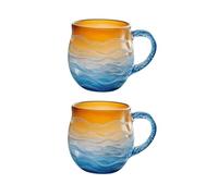 Handmade O-cean Wave Glass Mug, 2 Pack Sea Glass Sunset Mug, Heat-Resistant and Cold-Keeping Coffee Cup, 3D O-cean Texture Mugs for Women Men Home Kitchen Office Beach House Kids Adults
