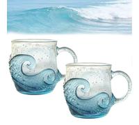 Handmade Ocean Wave Glass Cup, 12 Oz Handblown Ocean Waves Glasses Mugs Cup, Unique Textured Seas Inspired Drinkware Mug for Home Decoration (Blue 2pcs)