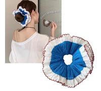 Handmade Oversized Double-Layer Lace Scrunchies - Designer Large Hair Ties for Low Ponytails & Braids (Blue)