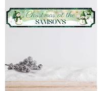 Handmade Personalised Christmas Sign with 10 Designs To Suit Your Decor | 2-Line Custom Text Festive Street Sign Plaque | Ideal Family Present (Green-Snowman, MDF Wood - Medium 390mm x 85mm)