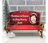 Handmade Personalised MDF Wood Bench Plaque - "Christmas in Heaven" Memorial - Custom Photo & Name - Indoor Decorative Tribute (Red)