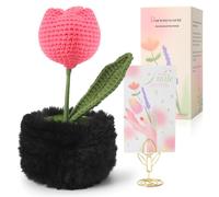 Handmade Positive Garden Plant Tulip Crochet - Knitted Tabletop Decor for Desk, Office Home，Inspirational Home Decor with Uplifting Message Card - Gift for Women, Mom, Coworkers Teacher - Pink
