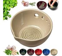 Handmade Pottery Garlic Grater Herb Stripper Bowl, 2-in-1 Multi-functional Kitchen Tool, Ceramic Herb Stripper and Garlic Grater Bowl with 5 Hole Sizes for Salads Peeling off the Leafy Assembly