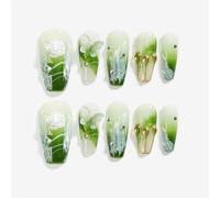 Handmade Press On Nail Medium Long Coffin Ballerina Green Flower Butterfly Fake Tip 3D Design Art Charms Cute with Storage Box 10 Pcs (#009 M)