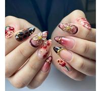 Handmade Press On Nails Almond, 3D Cherry Flower Tortoiseshell Fake Nails, Glossy Stick On Nails for Women Sweet(K273（30pcs）)