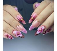 Handmade Press On Nails Almond, 3D Pink Flower Star Gold Fake Nails, Glossy Stick On Nails for Women Sweet(K274（30pcs）)