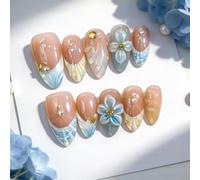 Handmade Press On Nails Almond, 3D Shell Starfish Blue Ocean Fake Nails, Glossy Stick On Nails for Women Summer(K165（30pcs）)