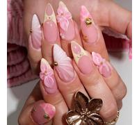 Handmade Press On Nails Almond, 3D Shell Starfish Blue Ocean Fake Nails, Glossy Stick On Nails for Women Summer(K189（30pcs）)