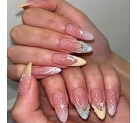 Handmade Press On Nails Almond, 3D White Flower Star Line Fake Nails, Glossy Stick On Nails for Women Sweet(K240（30pcs）)
