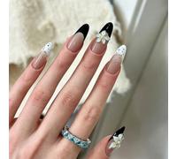 Handmade Press On Nails Almond, Black White French 3D Flower Fake Nails, Glossy Stick On Nails for Women Chic(K226（30pcs）)