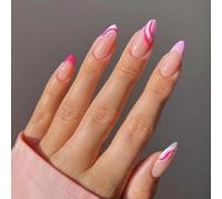 Handmade Press on Nails Almond, Pink White Swirl French Tip Fake Nails, Glossy Stick on Nails for Women Sweet(W056)
