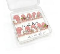 Handmade Press on Nails Duck Bill Shape, 3D Luxury Rhinestone Cherry Pearl Floral Acrylic Fake Nails, Full Cover Thickened False Nails for Women DIY Nail Art (M)
