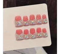 Handmade press on nails Duck Medium Fake Nails Pink French False Nails with 3D Rhinestones Designs luxury Charm Acrylic Nails for Women 10pcs (Size M）